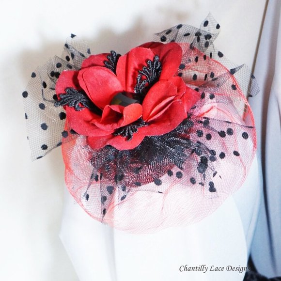 New Red Velvet Flower Black Polka Dot Fascinator - Picture 3 of 3